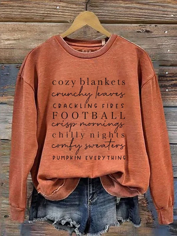 Women's Cozy Blankets Crunchy Leaves Crackling Fires Football Print Crew Neck Long Sleeve Sweatshirt.