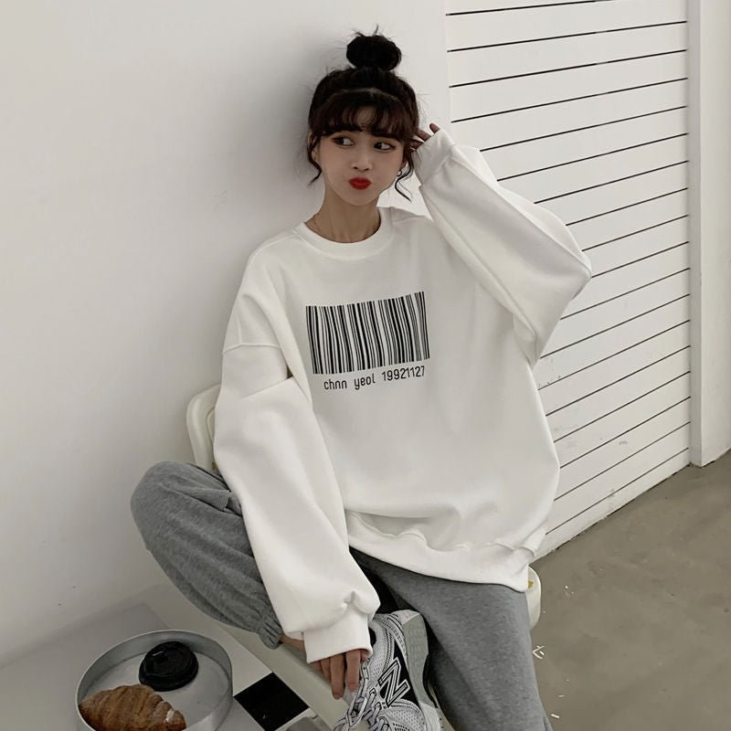 2021 Spring Autumn Oversized Hoodies Women Korean Style Bar Code Sweatshirts Harajuku Pullover Couple Friends Clothes Tops Loose