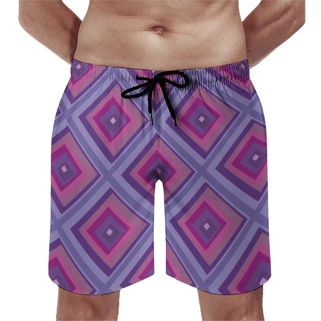 Artsy Pink Purple Lilac Diamond Checker Men's Swim Trunks Summer Board Shorts Quick Dry Beach Short with Pockets