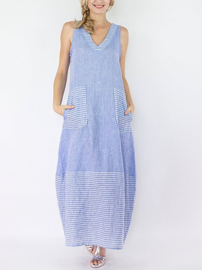 V Neck Casual Sleeveless Linen Dresses Zaesvini