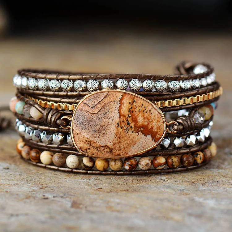 Pictured Stone 5 Circle Wrap Leather Bracelet