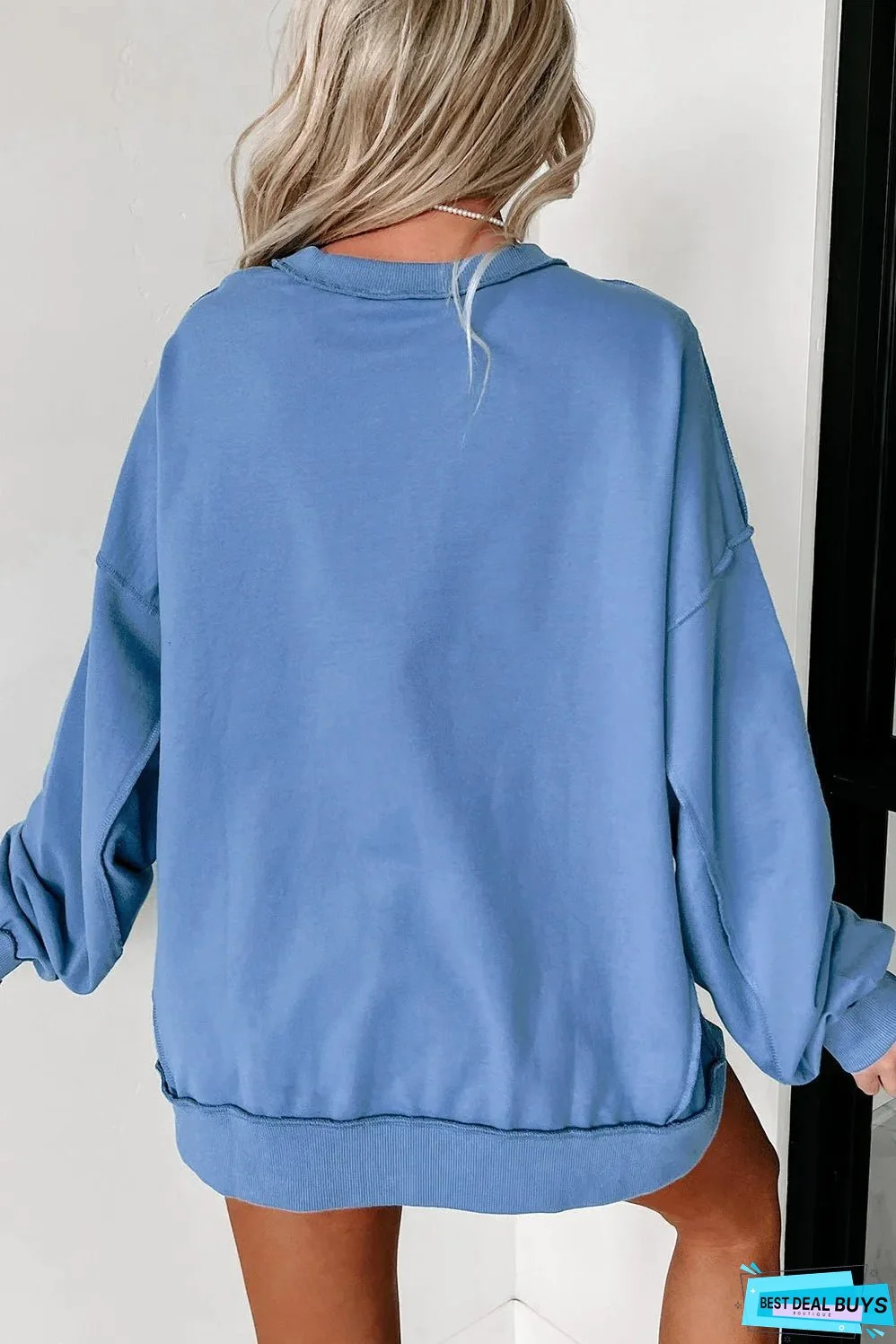Sky Blue Sequin Trim Embroidered Star USA Pattern Sweatshirt