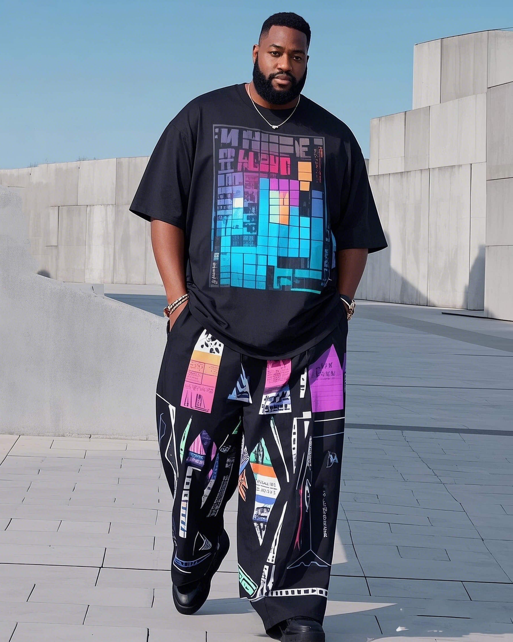 Plus Size 1 L-9L Men's Tetris. Irregular Print Casual Short-sleeved T-shirt Pants Suit