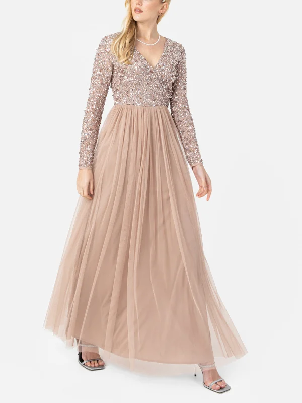 V-Neck Sequined Long Sleeve Solid Color Maxi Dress
