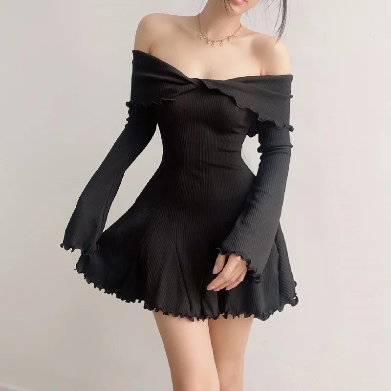 Uveng Uveng Winter New Women's Sweet Sexy Pure Desire Slim Thread One Word Shoulder Long Sleeve Dress