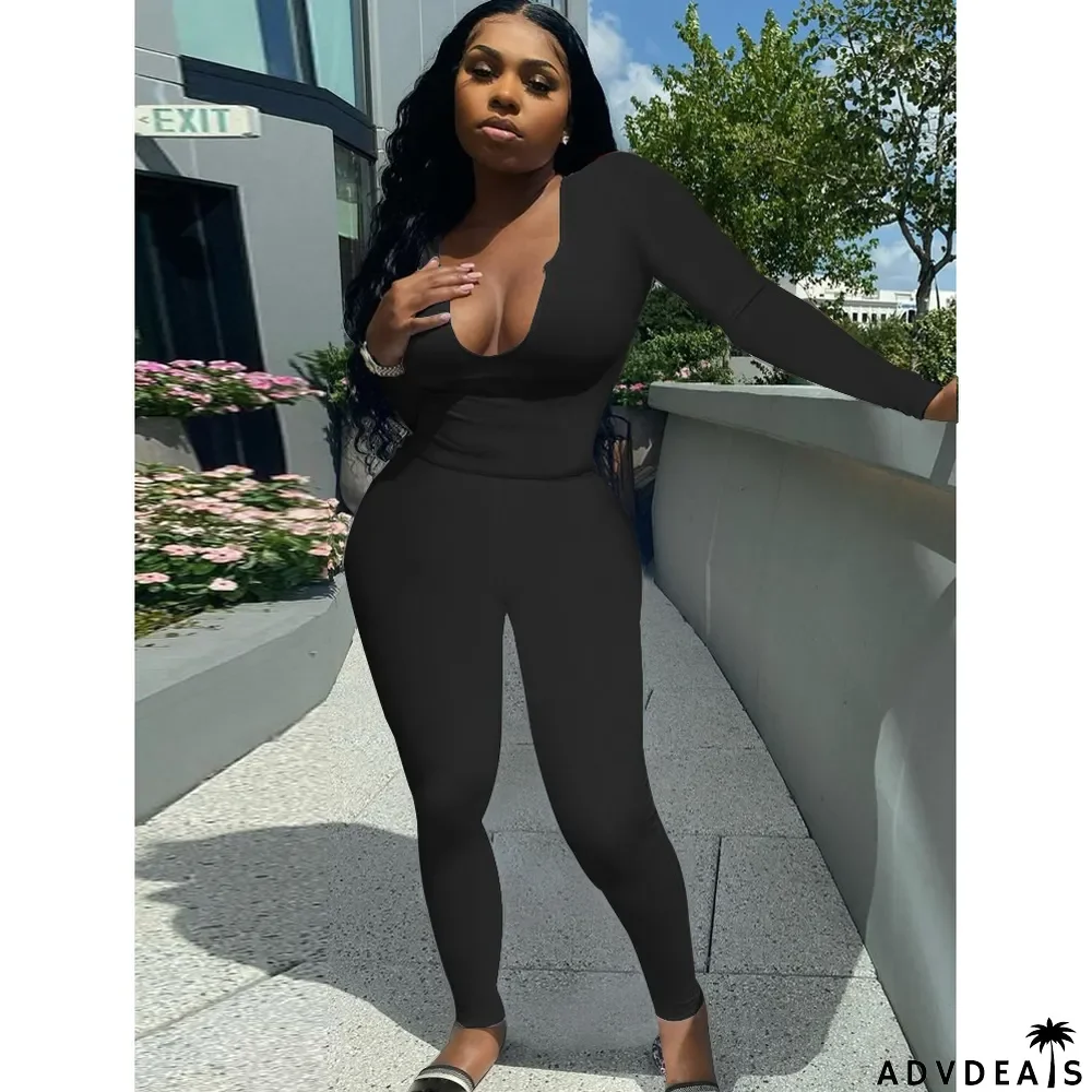 Solid Long Sleeve Stretchy Slim Two Piece Pants Set