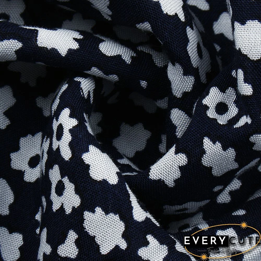 Navy Blue Ruffles Hem Long Sleeve Floral Dress