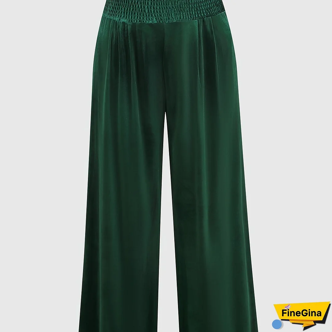 Plus Size Casual Pants, Women's Plus Solid Velvet Shirred Waist High Rise Wide Leg Trousers