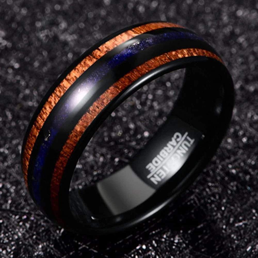 8mm Hawaii Koa Wood And Purple Lapis Lazuli Inlay Black Tungsten Carbide Men's Wedding Bands