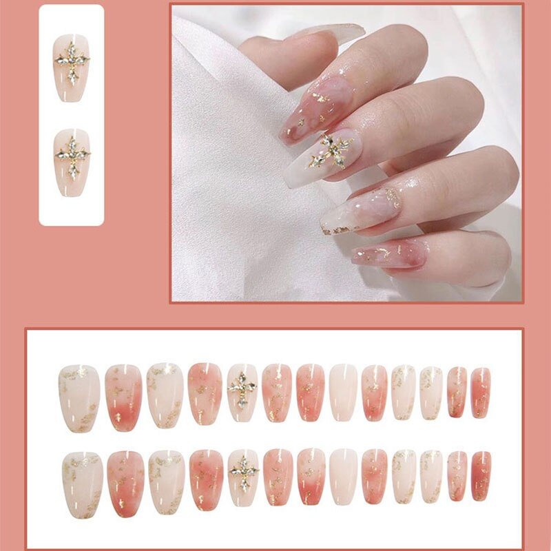 24pcs/box press on nails coffin Halo dyeing gold pink Diamond inlay Manicure patch false nails with glue for girls free shipping