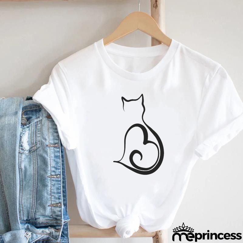 Women Loose Simple Cartoon Cat Footprint Print Round Neck Short Sleeve T-Shirt