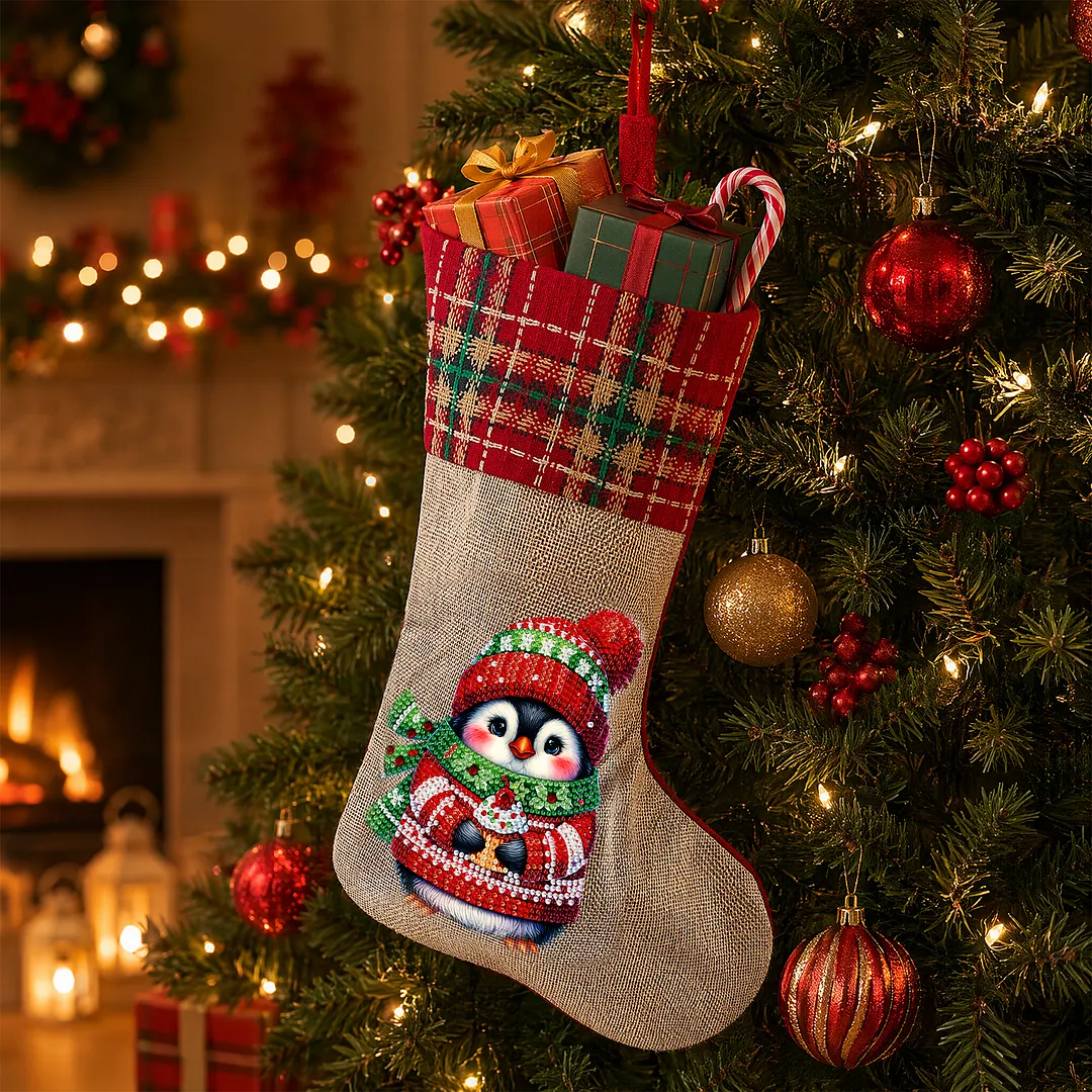 DIY Diamond Painting Christmas Stockings Hanging Ornaments Large Capacity Xmas Socks Pendant Wear Resist Candy Gift Storage Bags for Family Christmas Holiday Party Decoration (Christmas penguin)
