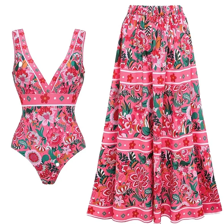 Pink Floral Paradise Print V-neck One Piece Swimsuit and Skirt