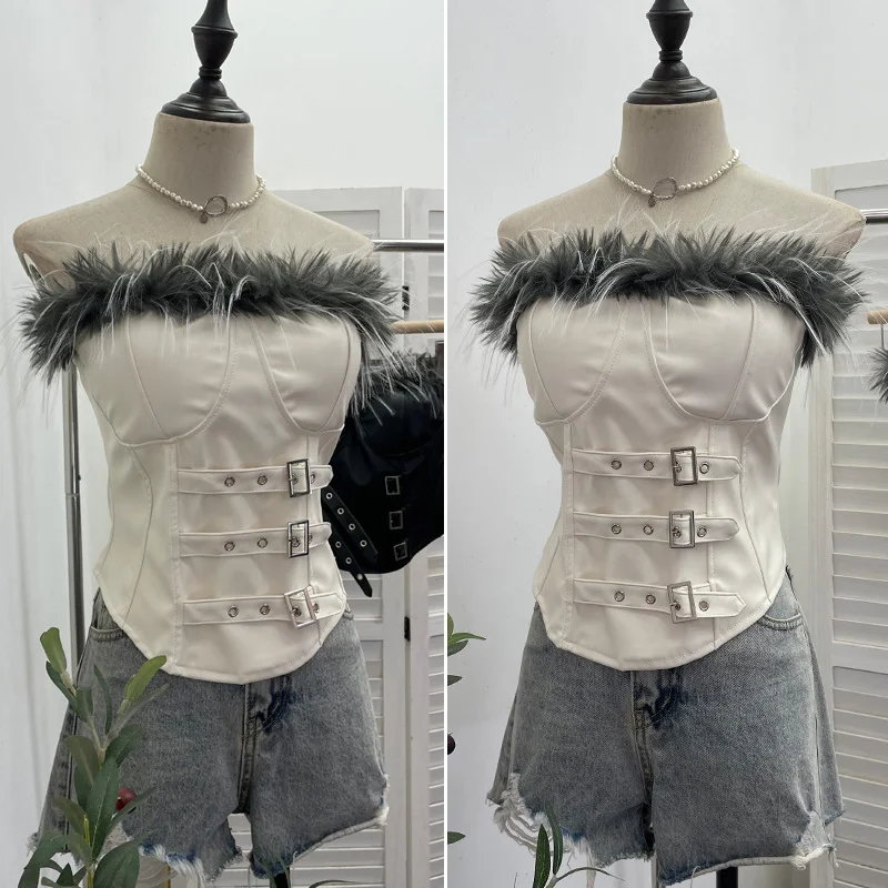 Nigikala Nigikala Shooting Retro Pu Skin Spliced Hair Bra Bra Strap Chest Punk Hottie Skin Buckle Waist Short Top 2781