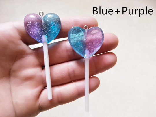 Bulk 10 pcs Glitter Heart Resin Lollipop Charms,Cute Heart Candy Lollipop Charm Pendant DIY decoration Earrings Necklace Key chain DIY