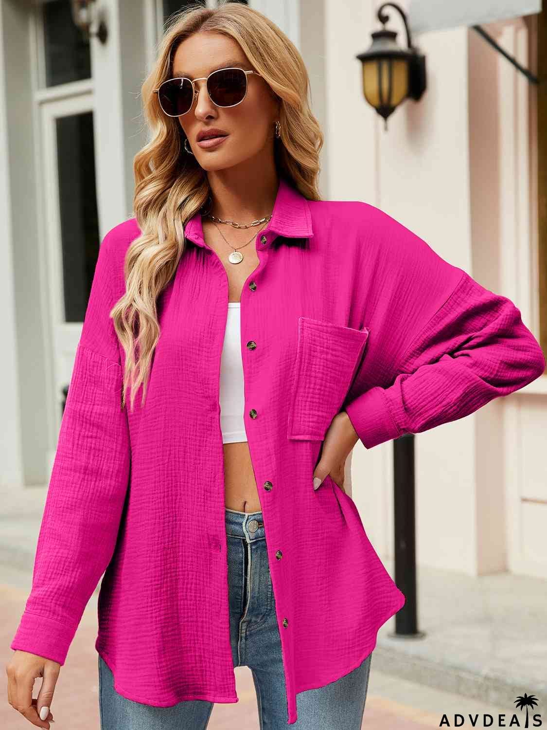 Button Up Collared Neck Drop Shoulder Shirt