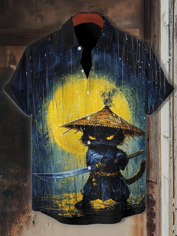 Men's Warrior Cats In The Rainy Night Art Print Casual Shirt