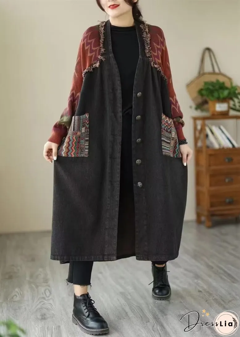 Loose Black Button Knit Patchwork Denim Long Coats Long Sleeve