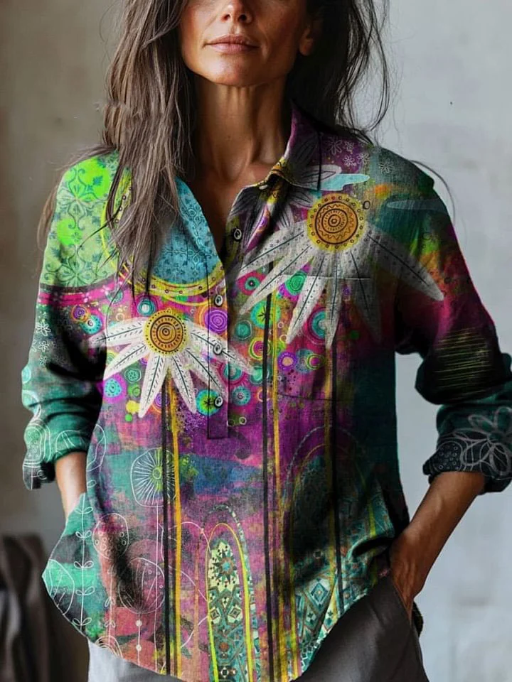 Women's Vintage Floral Colorful Art Print Casual Cotton And Linen Shirt