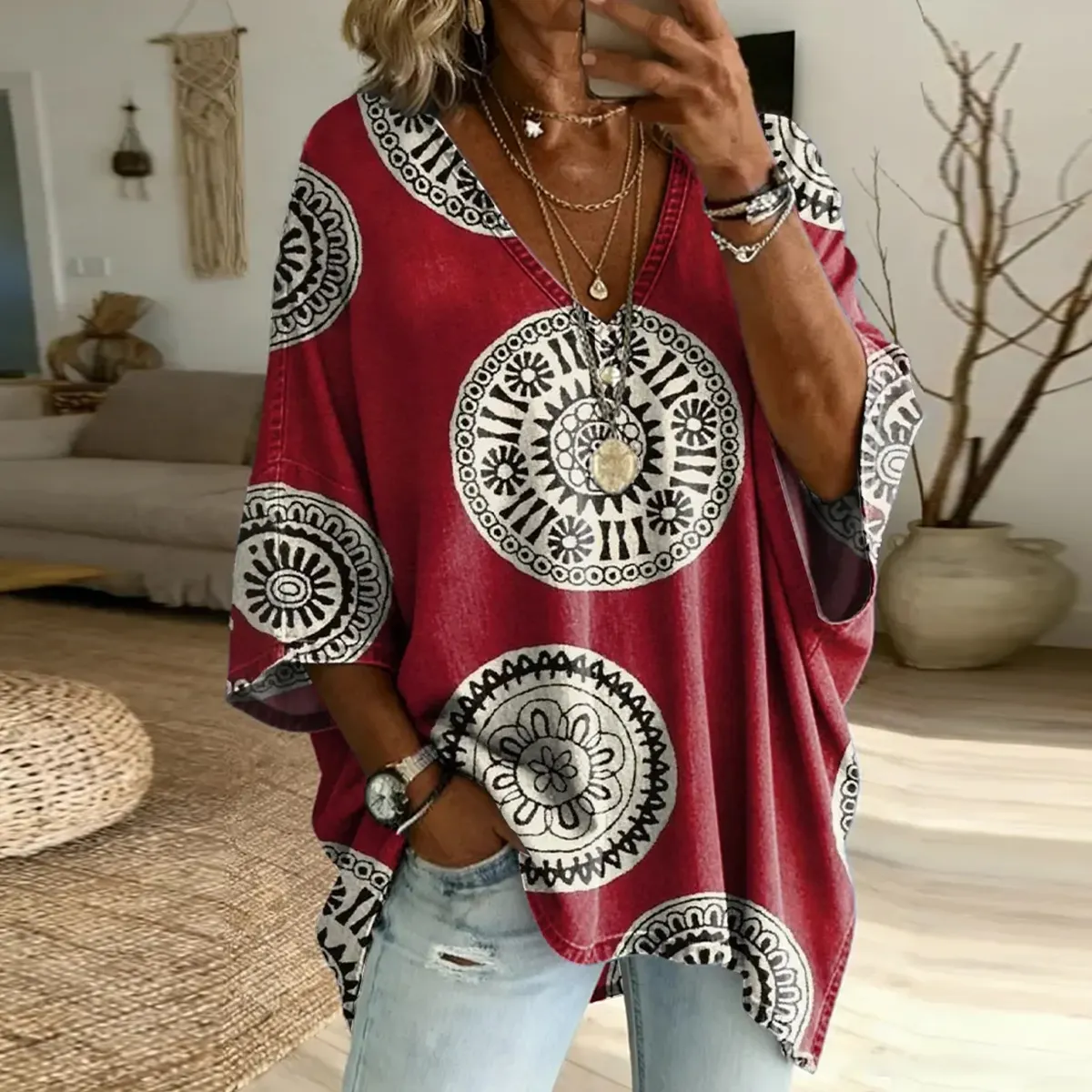 Women's Vintage-style Totem Art Print Casual Loose  Top elevenforest