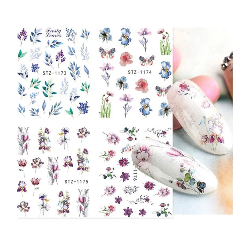 Nail Stickers 4Pcs/Set Water Transfer Summer Dried Flowers Leafs Designs Nail Decal Decoration Tips For Beauty Salons-Nail Inspo