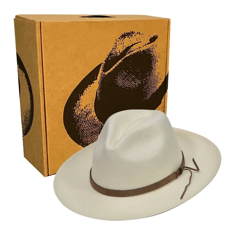 Original Panama Hat - Wide Brim Classic Fedora - White Straw - Brown Leather Band - Handmade in Ecuador by Ecua-Andino - EA