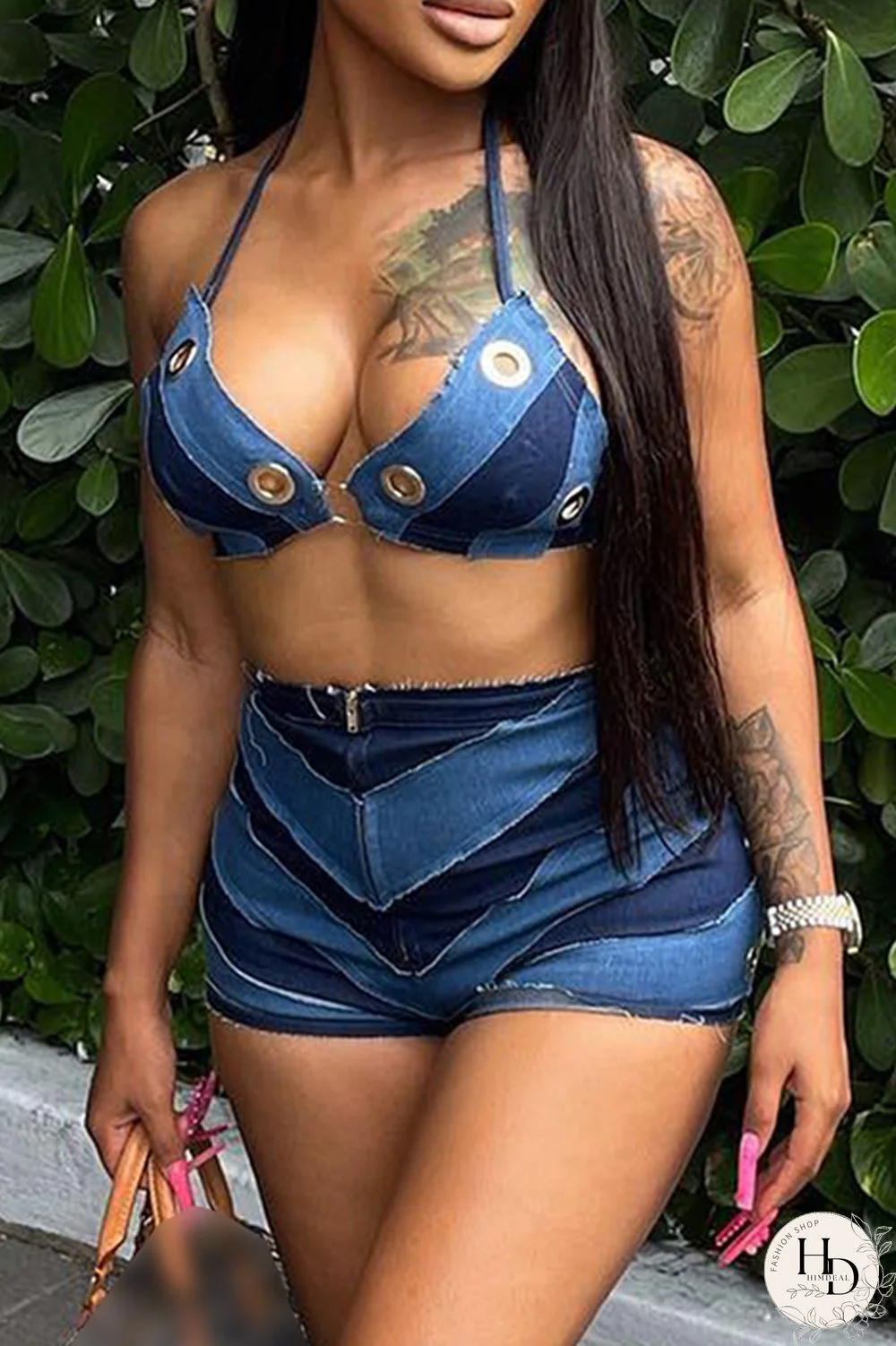 Black Gray Sexy Patchwork Bandage Hollowed Out Backless Contrast Halter Sleeveless Two Pieces