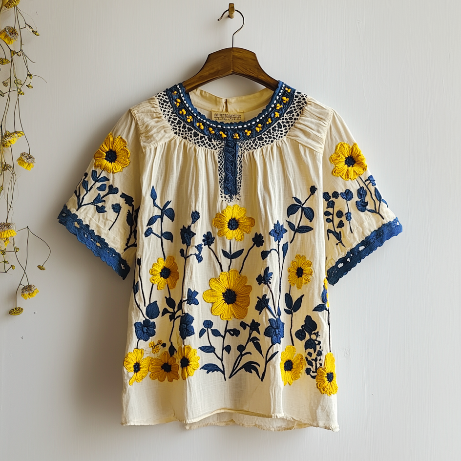 Vintage Ukrainian Sunflower Flower Embroidery Round Neck Linen Blend T-shirt