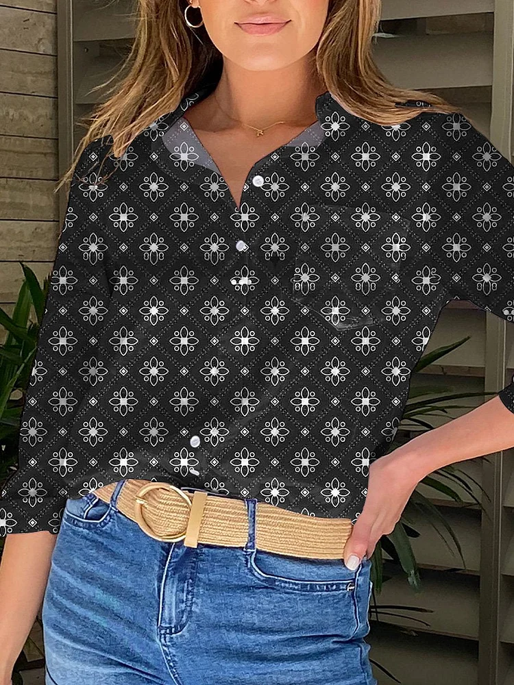 Black And White Geometic Floral Seamless Repeat Pattern Printed Women's Casual Shirt