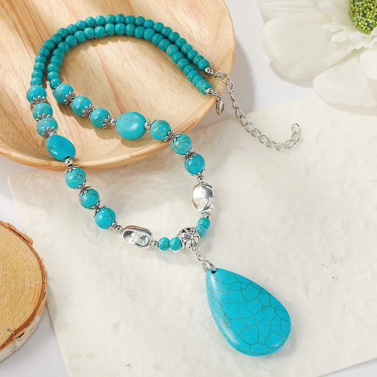 Women Turquoise Long Beaded Necklace Vintage Ethnic Boho Jewelry Water drop Turquoise Necklace