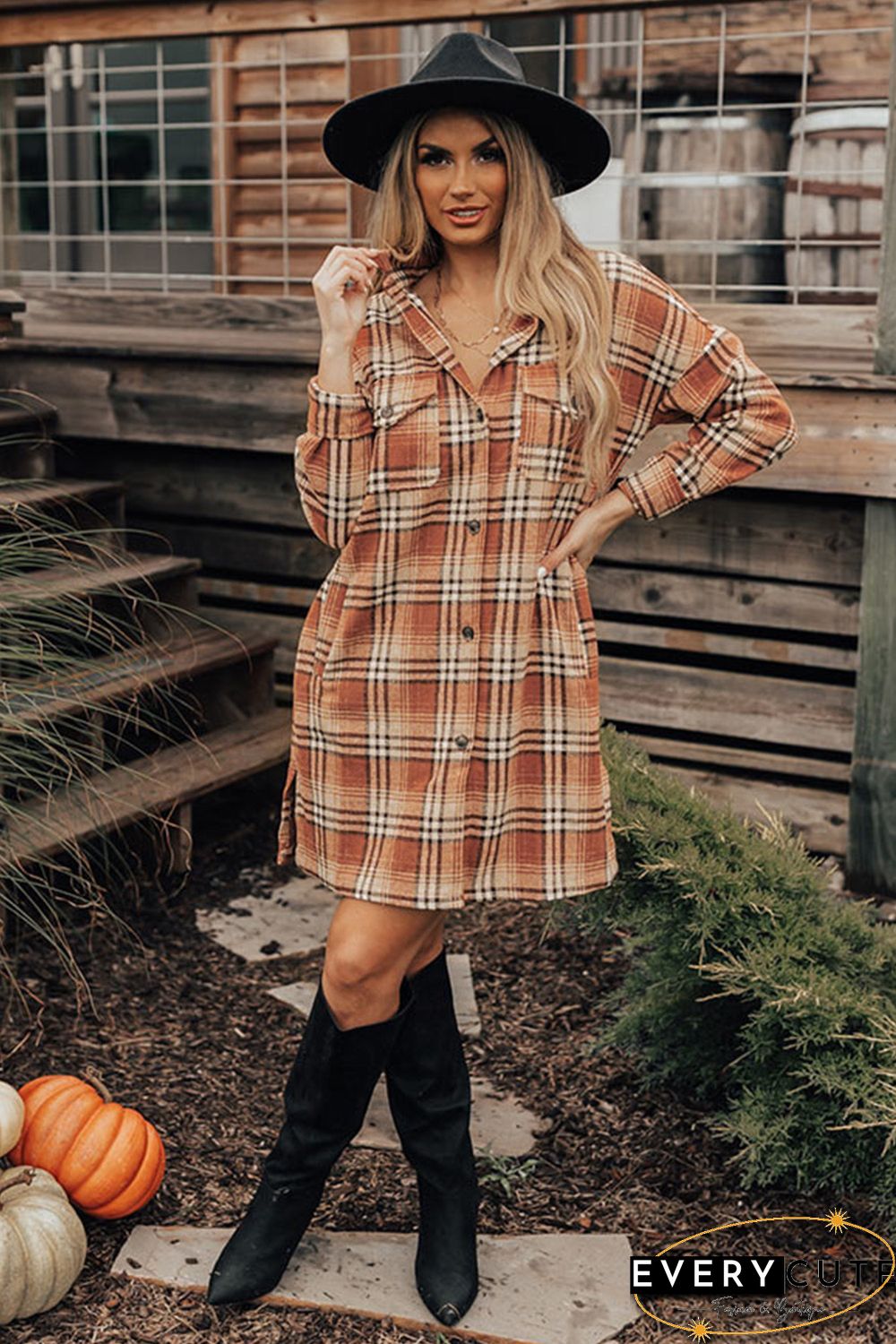 Orange Plaid Button up Side Slit Shirt Dress