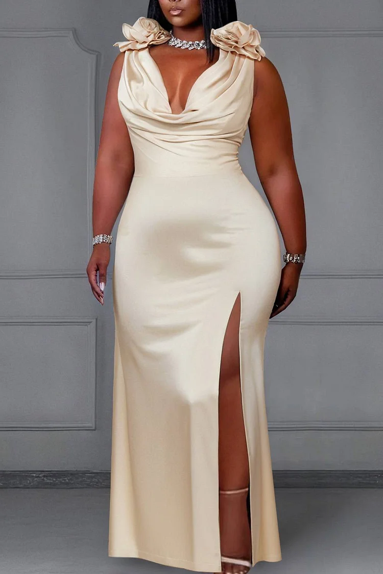 Xpluswear Design Plus Size Prom Gold Elegant V Neck Split Satin Maxi Dresses [Pre-Order] 2024 - Xpluswear