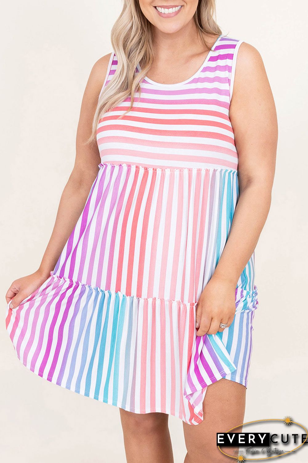 Multicolor Ombre Striped Sleeveless Tiered Plus Size Dress