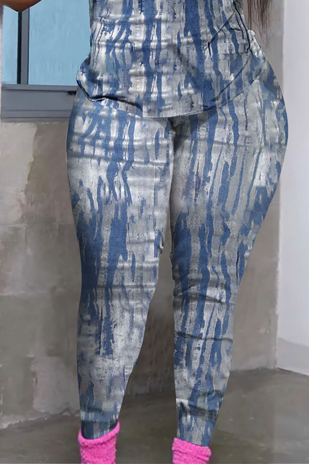 Plus Size Daily Pant Set Blue Spring Summer Round Neck Short Sleeve Two Piece Pant Set [Pre-Order]
