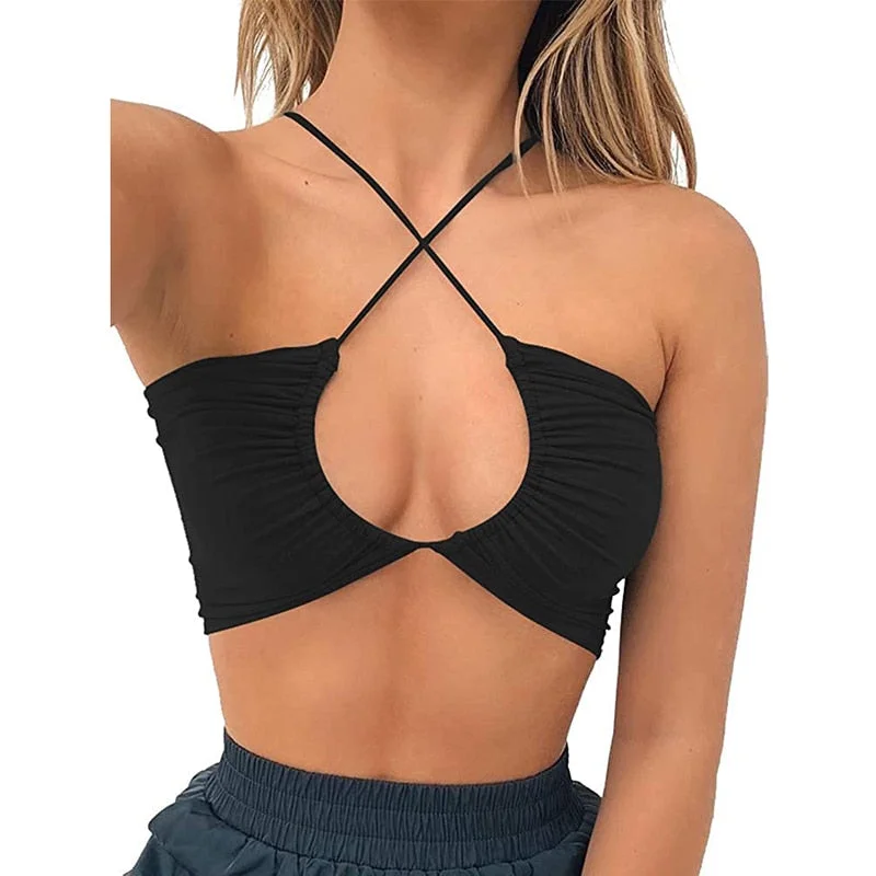 Abebey  Women's  Criss Cross Lace Up Sling Basic Bow Tie Crop Top