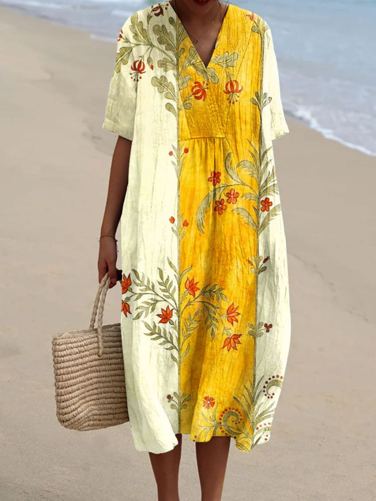 Womens Artistic Color Block Flowers Print Casual Cotton And Linen Dress