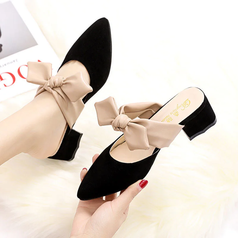  2022 Summer Shoe Designer Sandal for Women Butterfly-Knot Pointed SuedeThick High Heels Luxury Pumps
