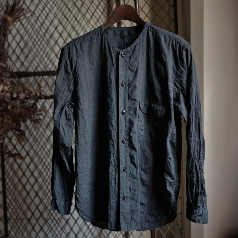 Men's Vintage Cotton and Linen Pleated Grey Collarless Shirt