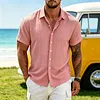 Men's Short Sleeve Linen Blend Button Down Shirt Lightweight Breathable Casual Summer Dress Shirt Striped Pattern by Inlyline