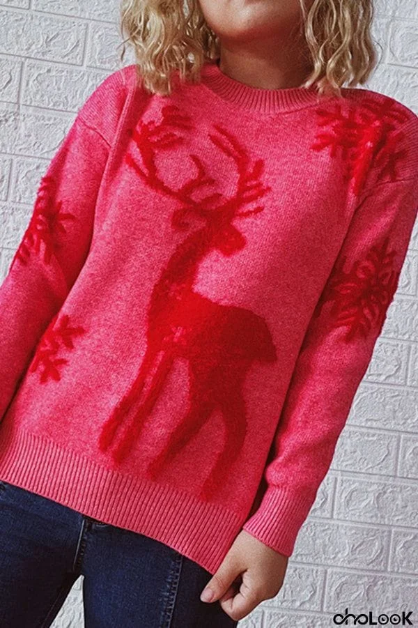 Christmas Pattern Knitted Crew Neck Long Sleeved Sweater