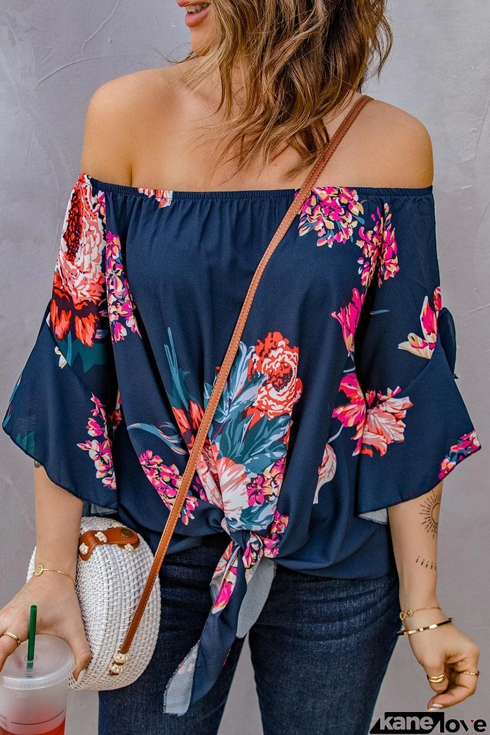 Printed Off-Shoulder Flounce Sleeve Top