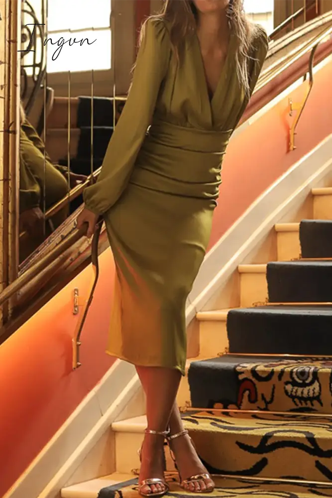 Ingvn - Elegant Solid Fold V Neck One Step Skirt Dresses Green Yellow / S Dresses/Long Sleeve