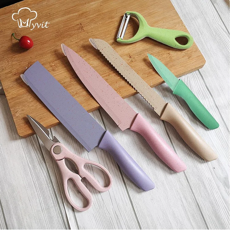 6PCS Wheatstraw Kitchen Knife Set Chef Knives Cleaver Knife Fruit Peeler Slicer Scissor Set Macaron Color Stainless Steel