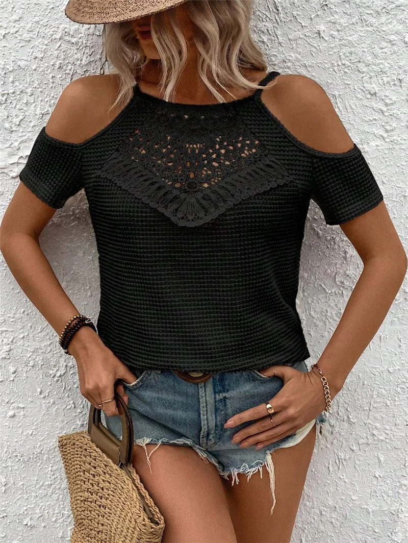 Athvotar Athvotar And Summer 2025 New Lace Splicing Design Knitted Sling Strap Strap T-Shirt Top