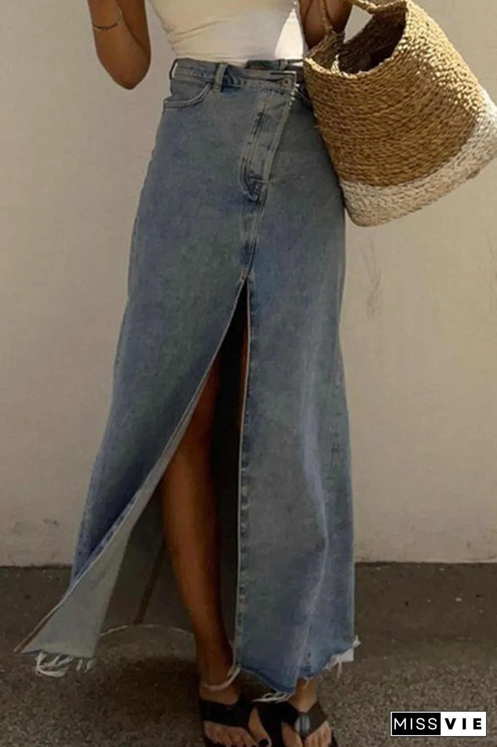 Elegant College Solid Slit Regular High Waist Solid Color Bottoms