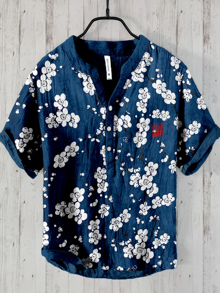 Comstylish Japanese Cherry Blossom Art Linen Blend Shirt