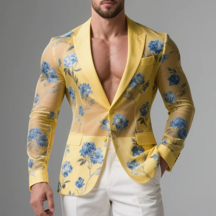 Okaywear Blue Floral Peak Lapel Button Long Sleeve Semi-Transparent Blazer Okaywear