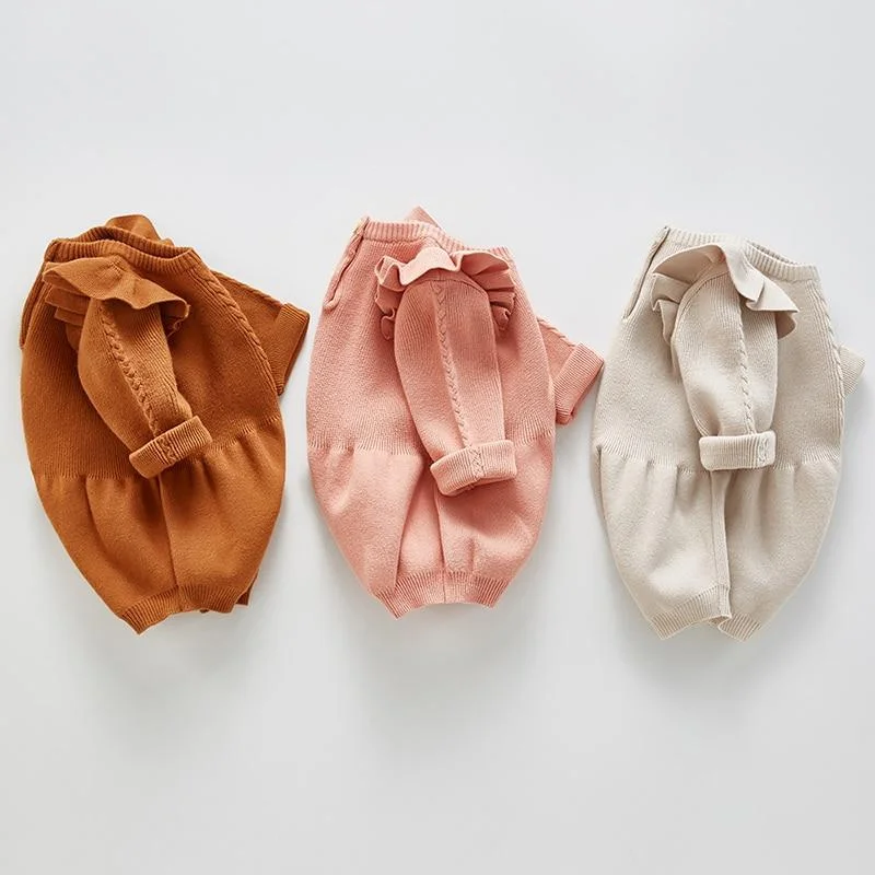 Baby Girls Knitted Bodysuit 2021 Spring Infant Newborn Long Sleeve Solid Ruffled Jumpsuit Outfit Set Baby Spring Autumn Clothing