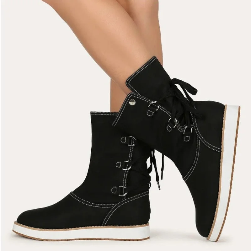 Winter Boots Women 2021 Thick-soled Lace Up Leopard Casual Martin Boots Fashion Round Toe Non-slip Mid Calf Boots Botas De Mujer