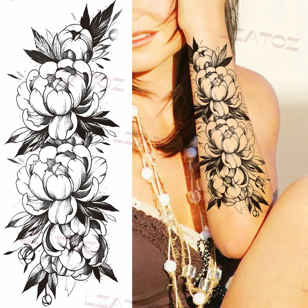 Sdrawing Big Letters Temporary Tattoos For Men Women Moon Pendant Peony Fake Tattoo Sticker Custom Armband Fashion Disposable Tatoo